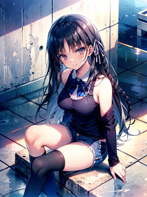 (8K, Highest quality, Highest quality, masterpiece), sit on the floor, aasuzune, long hair, black hair, (single braid:1.2), hair ribbon, black tank top, blue bowtie, long sleeves, black thighhighs, smile, denim hot shorts, mini shorts, big breasts