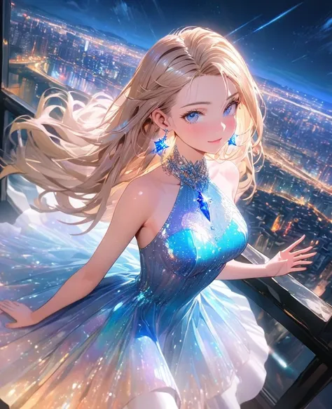 8K,gal，Beautiful and realistic skin,Shiny jewel-like earrings，blue glowing tattoo,Long colerful hair,blue eyes,whole body,Night view,Sparkling landscape,City,sparkling dress,Raise your hand