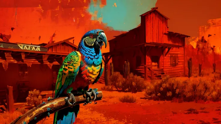 a highly detailed digital portrait of a parrot  in the wild west of america, red background, everything is shattering, hyperrealistic, octane render, photorealistic, 8k, intricate details, dramatic lighting, cinematic composition, weathered, dystopian, gru...