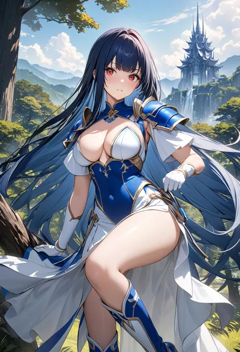 Highest quality、unity 8k wallpaper、32k、masterpiece、Very detailed、Ultra-high resolution、Very detailedな顔, RAW Photos, Professional, Ultra-fine painting,　Blue long straight hair、Red Eyes、(Tree Eyes), Cool and sharp features, Hime cut, 20～A female magical warr...