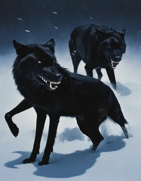 black wolves fighting in winter at night