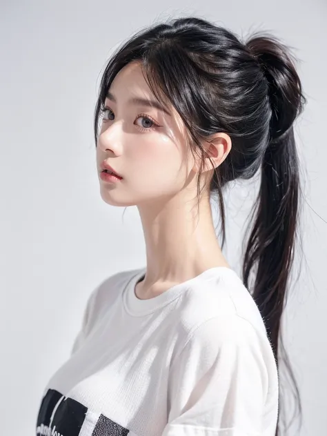 masterpiece,Best picture quality,Extreme details,Ultra-high resolution,Ultra-high definition,Beautiful young people,Glowing skin,thin,Black Hair,Short Ponytail,1,big eyes,beautiful eyes,Lipstick,Exquisite facial features,bust,Looking at the viewer, t-shirt...