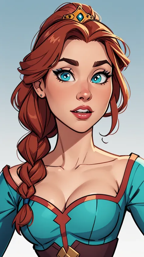 Compensation! Here is the revised and cleaner text:

--- Character: Battle-scarred Queen Anna of Arendelle.

Description: Cartoon image of a woman. cartoon style illustration, with highly detailed character design. detailed digital art, showing courage and...