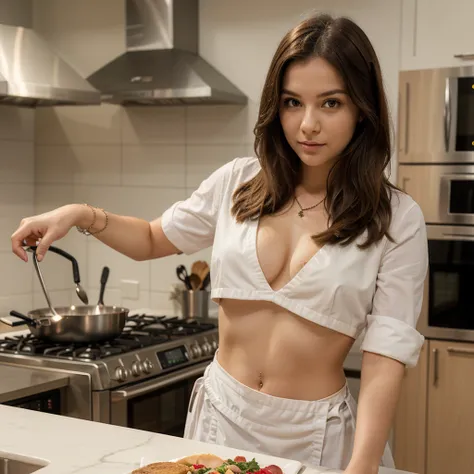 1girl in, 30 years old, Square face, Long hair, Looking at viewer, jewelry, Realistic, Sexy, chef outfit, kitchen background, free pose