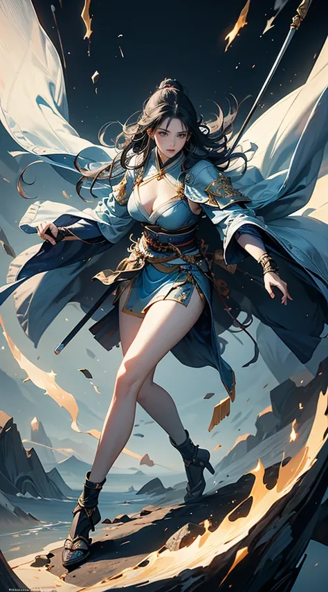 Highest quality、masterpiece、8K、Realistic、超High resolution、Very delicate and beautiful、High resolution、Fantasy、Perfect female body、mature woman、Blue Hair、Toned body、Cape、Clothing with low exposure、Full body emphasis、Simple Background、samurai、warrior