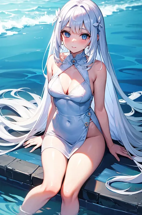 UHD,masterpieces,perfect figure,1girl,solo,white hair,middle breasts,long air,white skin,smooth skin,blue eyes,smilling,speard hair,light-blue dress,beautiful waist,16 years old,white panyhose,nake arms,bows in head back,sitting,bright sky,sunny weather,Tr...