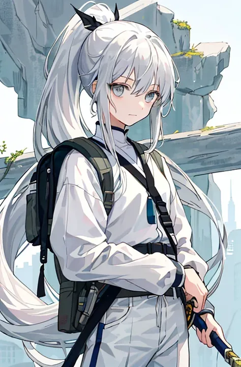 (masterpiece、Top quality、Implications、Very high quality、High level of image quality、Extremely sensitive writing)Stand in the wild、Girl with long white hair、Gray eyes、A faint smile、Wearing a high ponytail、Holding a white long sword、Wearing a long white top、...