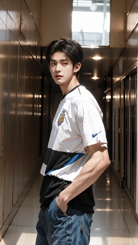 masterpiece,best quality,Bottom-up perspective，Stay away from the camera， (An 18-year-old tall boy:1.2), (Standing upright in the campus corridor:1.2),（Football Jersey）,Broad shoulders,Muscular shoulders，（Extremely strong body），Muscular body，Attractive and...