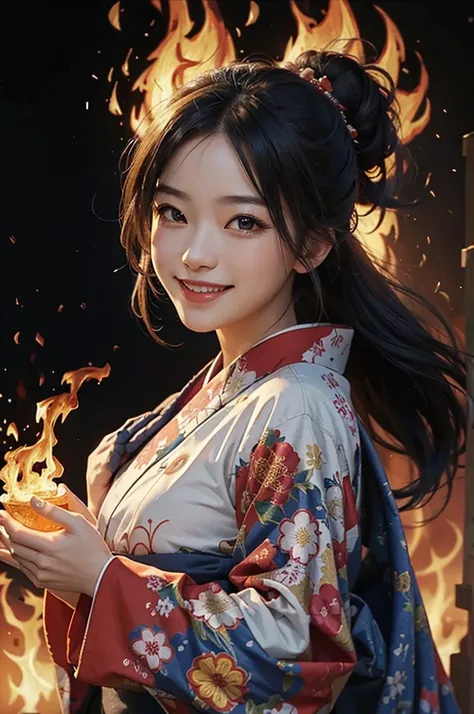 A smiling beautiful woman in a kimono dancing with flames wrapped around her hands, controlling the flames against a background of burning flames