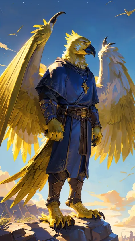 ((middle Ages:1.3，Sky background:1.6))，(Royal Family:1.2)，((sunny:1.4))，high resolution，4K，【9:16 Whole body:1.1，Strike a pose:1.5】，masterpiece，high quality，((Griffin))，male，Furry，(teenager:1.3)，hairy，((Heroic and Calm:1.4))，(((Lean:1.2，Big Wings:1.3，Bird p...