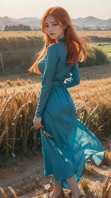 1 girl, solo, long orange hair, running, (high wheat field), turning around, emerald eyes, long blue dress, middle ages, medieval outfit, long sleeves sunset, light from behind, shadow on the figure, smile, laughter, (blue sky), against the background of w...