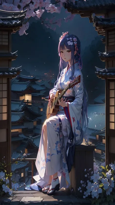 Anime girl in kimono playing guitar on balcony, Gwaiz, Gwaiz masterpiece, artwork in the style of Gwaiz, Gwaiz on pixiv artstation, Gwaiz on artstation pixiv, Anime Style 4k, Jan J, palace ， Girl in Hanfu, Anime Art Wallpapers 8K, Japanese Goddess