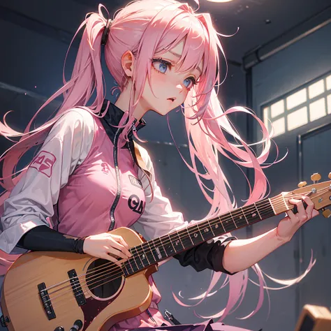 beautiful girl、Troubled face、Pink Hair、Long Hair、Pink jersey、Grey Skirt、I have a guitar、The zipper on his jersey is open、Beautiful breasts