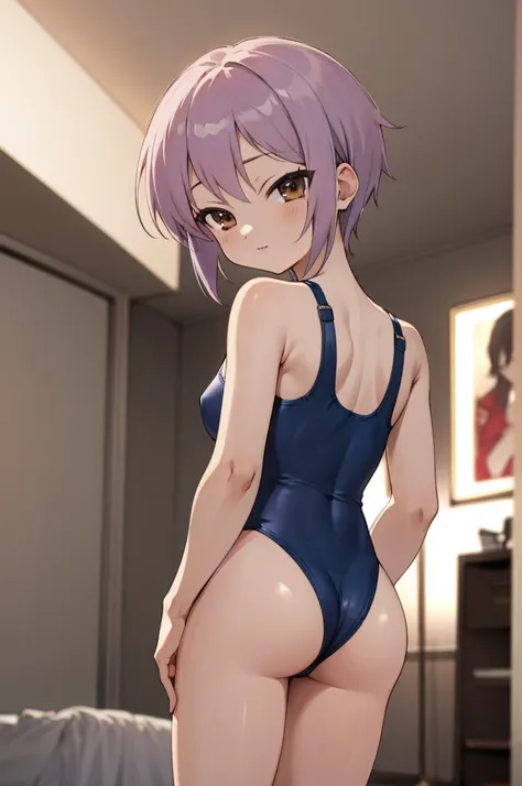 masterpiece, best quality, highres, ny1,,looking viewer,,expressionless,6yo,(petite), ,swimsuits,leotard,socks,expressionless,indoor,standing,nsfw,,,ass,from back