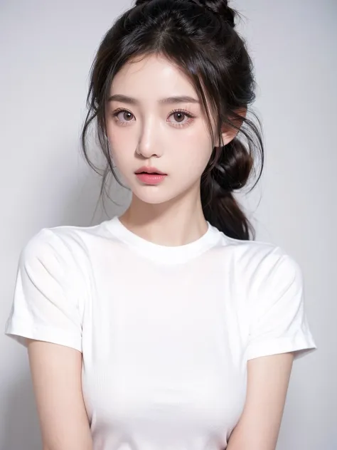 masterpiece,Best picture quality,Extreme details,Ultra-high resolution,Ultra-high definition,Beautiful young people,Glowing skin,thin,Black Hair,Half bun,1,big eyes,beautiful eyes,Lipstick,Exquisite facial features,bust,Looking at the viewer, t-shirt,Singl...