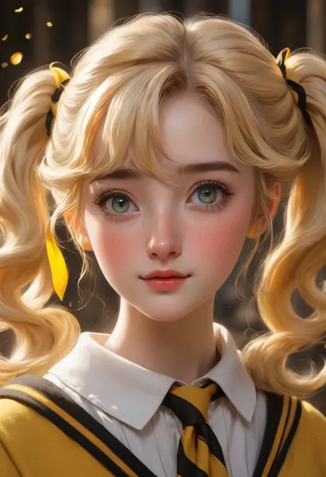 best quality, Masterpiece, Hogwarts students, Hufflepuff, I have short blonde twin tails.., Beaming, misbehave, freckles, Detailed eyes, detailed face, Beautiful skin,