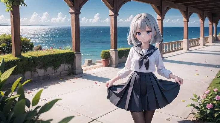 wallpaper, Clear face, (masterpiece),  town,  blue sky,  One Girl, Place the person on the right,  smile,  alone,  Sailor suit、Long skirt,  Overgrown,  petal,  plant、Skirt lining、White slip、nostalgic、pantyhose（gray）、I can see the ocean in the distance, Cro...