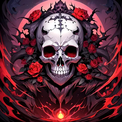 a skull with roses and leaves on its head, skull made of red roses, fantasy skull, highly detailed dark art, sacred skull, 8 k altamente detalhado ❤🔥 🔥 💀 🤖 🚀, Death skull, 8k detailed art of high quality, Dark digital art, but detailed, adorned with demoni...