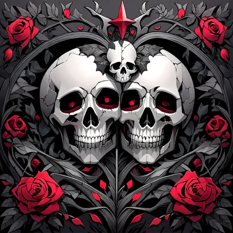 a skull with roses and leaves on its head, skull made of red roses, fantasy skull, highly detailed dark art, sacred skull, 8 k altamente detalhado ❤🔥 🔥 💀 🤖 🚀, Death skull, 8k detailed art of high quality, Dark digital art, but detailed, adorned with demoni...