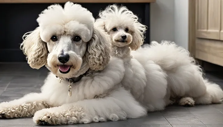 "A fluffy white Standard Poodle with a natural, untrimmed cut in a cozy dog cafe. The poodles coat is long and voluminous, giving it a teddy bear-like appearance. Its face is round and full, with fur covering the muzzle and forming a soft frame around the ...