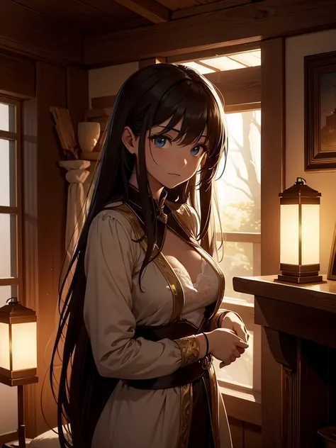 (​masterpiece、top-quality、hight resolution、Unity 8k Wallpaper、extremely details CG:1), In a dimly lit inn room, a long-time female adventurer partner leans close to her male companion. She is dressed in slightly worn adventurer attire, yet there is an air ...