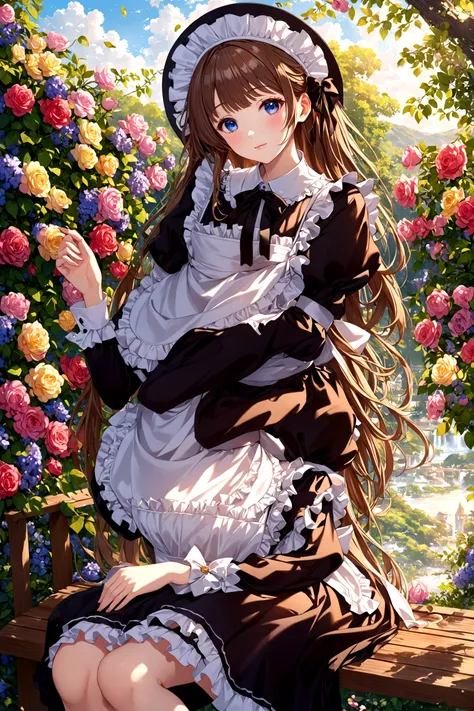 anime girl sitting on a bench with a hat and flowers, , loli in dress, anime girl in a maid costume, anime moe artstyle, splash art anime loli, loli, cute anime waifu in a nice dress, gorgeous maid, highly detailed exquisite fanart, guweiz on pixiv artstat...