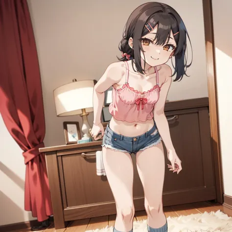 1girl,solo,smile,looking viewer
miyu,brown_eyes,black_hair,long_hair,bangs,hair_between_eyes,hair_ornament,hairclip,camisole,navel,denim shorts,socks,standing,my room,