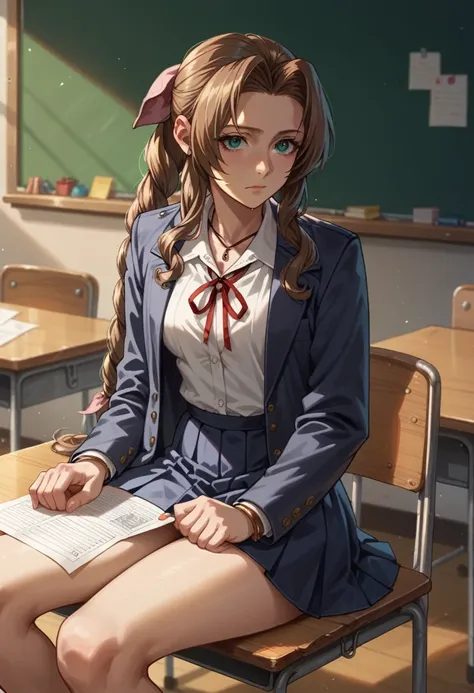 aerith wearing a navy blazer, white shirt and sailor skirt、sitting on a chair in the classroom with his upper body facing down o...