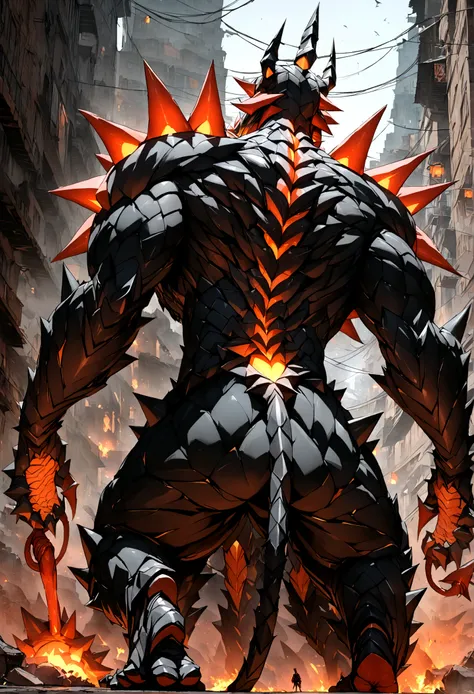 A male with red hair and his Kaiju form in his back, Masterpiece, Best quality, 8K, Detailed skin texture, obsidian-like plates that overlap like armor reptilian head, obsidian spikes running from the forehead to the back of the neck. Four glowing amber ey...