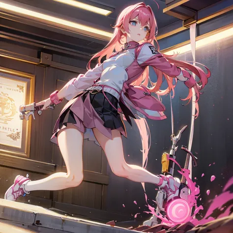 beautiful girl、Troubled face、Pink Hair、Long Hair、Pink jersey、Grey Skirt、Have a black guitar、The zipper on his jersey is open、Nipples are visible