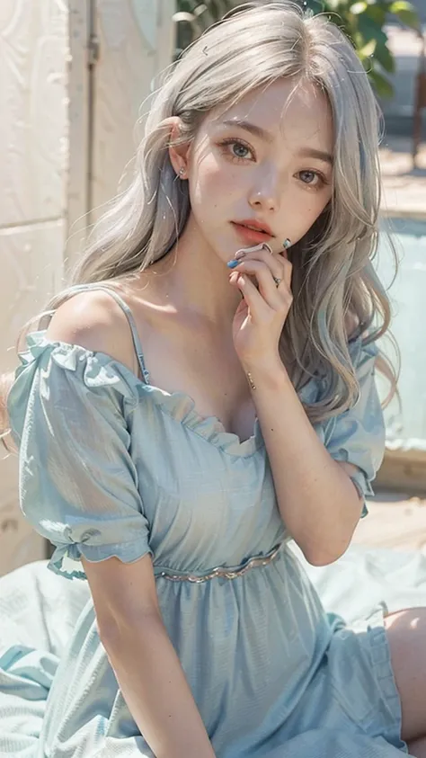 a close-up of a person holding an ice cream cone, sweet girl, woman with wavy silver hair, bangs, light blue eyes, red lips, tender green dress,