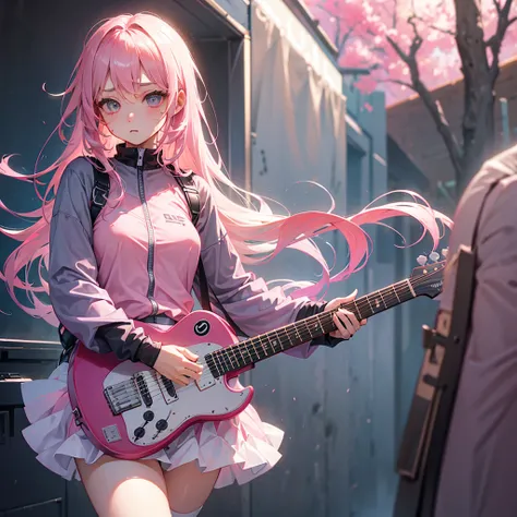 beautiful girl、Troubled face、Pink Hair、Long Hair、Pink jersey、Grey Skirt、Have a black guitar、The zipper on his jersey is open、Nipples are visible