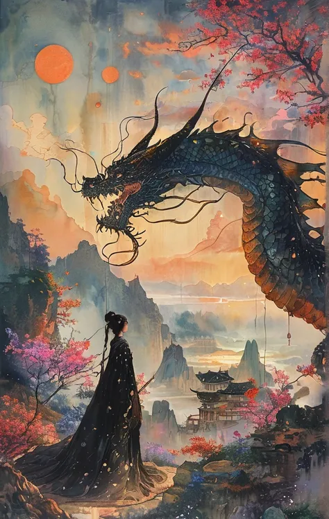 A white dragon lies in the middle of an endless field full of purple flowers, surrounded by snow-capped mountains and a blue sky sparkling with golden sunset rays. The whole scene is filled with a dreamy atmosphere, with vibrant colors and detailed backgro...