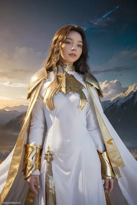 ((masterpiece, best quality, extremely detailed), volumetric lighting, ambient occlusion, colorful, glowing), 
1girl, solo, young girl, (dark hair), long hair, halo, aura, sacred, goddess, cleric suit, (white outfit with gold detailst:1.3), armor,
outdoors...