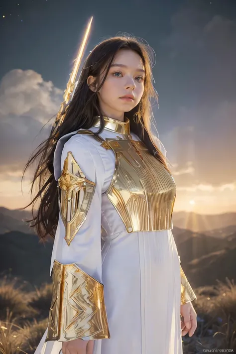 ((masterpiece, best quality, extremely detailed), volumetric lighting, ambient occlusion, colorful, glowing), 
1girl, solo, young girl, (dark hair), long hair, halo, aura, sacred, goddess, cleric suit, (white outfit with gold detailst:1.3), armor,
outdoors...