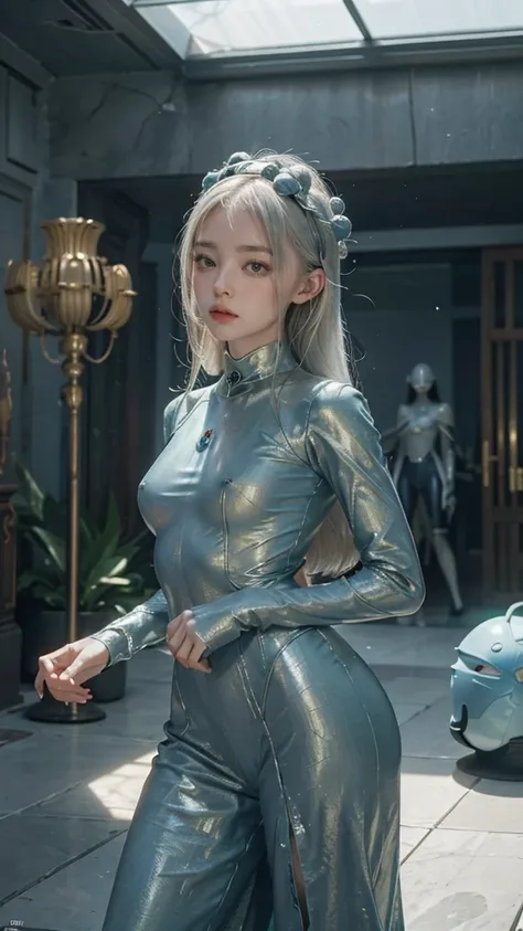 there is a woman standing in a room with a lot of alien statues, elle fanning as an android, 2 0 2 1 cinematic 4 k framegrab, james jean and fenghua zhong, eiko ishioka, promotional still, porcelain, björk, machina --ar 16:9  