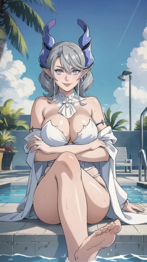 　match background High level image quality　best image quality　8K　 adult woman    pool party  rain　palm trees  more colors   whole body view　portrait　 bikini   　horn    ears  　short hair（（shortcut）（gray hair）（perm）（fluffy））　eye color is blue ,  , 　attractiv...