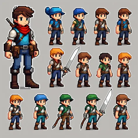 pixel art,pixel art,create an original character design sheet,main character of the game,boy,juvenile,adventurer&#39;s outfit,na...