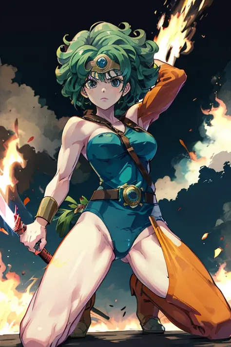 Anime Artwork Anime Artwork Masterpiece,most、high quality, Unreal Engine, Ultra-high resolution, Very detailed丸い胸, 1 person with medium chest,  Waist, thin,(Muscular:0.9)
 heroine, 
Circlet, Curly Hair, Green Hair, short hair, Asymmetrical clothing, leotar...