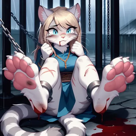 (hi res), ((masterpiece)) , ((best quality)),Solo, score_9,score_8_up,score_7_up, source_furry, Kat, Anthro furry feline girl, tall body, hourglass figure, adult female, blue eyes, silver fur, blonde hair with pony tail, (striped tail), white whiskers, pin...