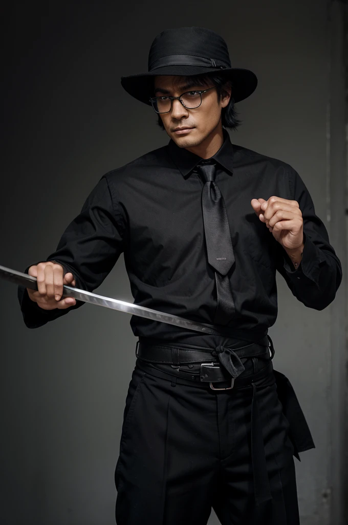 A man with black hair, wearing a black hat, black clothes, black pants, a tie, a katana and glasses 