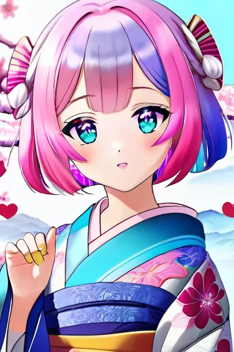 (masterpiece 1:1),(ultra hd picture), (pastel color palette), ((girl 1/girl 2) two Twin anime girls Short hair with different hair colors wearing japanese kimono with different color holding hands each other Love each other pose side by side), (girl 1: hai...