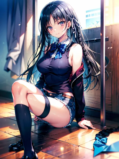 (8K, Highest quality, Highest quality, masterpiece), sit on the floor, aasuzune, long hair, black hair, (single braid:1.2), hair ribbon, black tank top, blue bowtie, long sleeves, black thighhighs, smile, denim hot shorts, mini shorts, big breasts