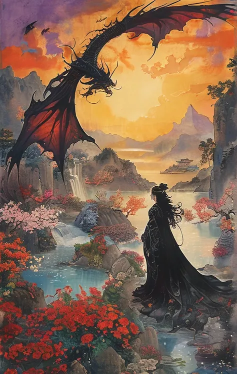 A white dragon lies in the middle of an endless field full of purple flowers, surrounded by snow-capped mountains and a blue sky sparkling with golden sunset rays. The whole scene is filled with a dreamy atmosphere, with vibrant colors and detailed backgro...