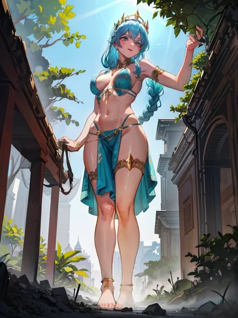 Zara, a gigantic 62-meter Amazon queen, emerges from the dense jungle at dawn, her tanned skin glowing in the light of the rising sun. Her long, braided hair, adorned with exotic flowers, falls over her shoulders and back. Standing in a clearing surrounded...