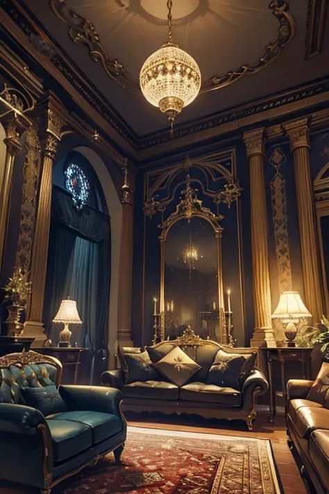 Interior, victorian Manor with reliquies, (((Nigth))), (((moonligth enters the living room)))