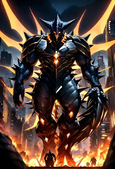 Kaiju form of a man, Masterpiece, Best quality, 8K, Detailed skin texture, obsidian-like plates that overlap like armor reptilian head, obsidian spikes running from the forehead to the back of the neck. Four glowing amber eyes, arms with massive claws and ...