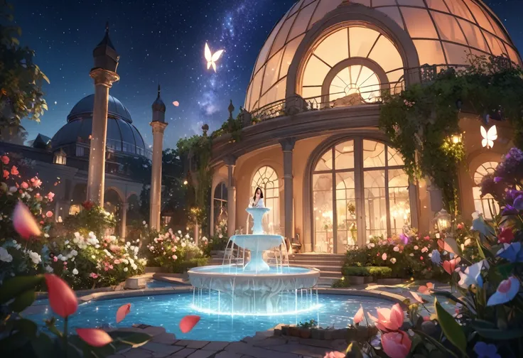 ((Highest quality)),((high-res)),(ultra detailed face:1.5),1 beautiful woman,forehead,smile,night, Starry Sky, A magical indoor garden, dome, Sparkling water fountain, Lots of flowers, Glowing Butterfly, The background is a garden with petals and papas fly...