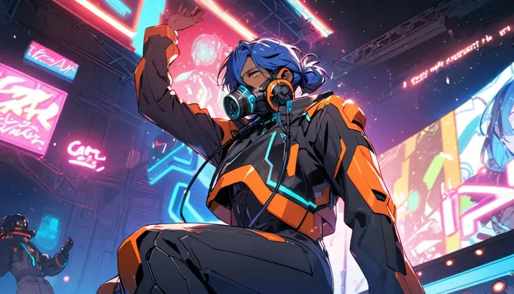 Handsome, single, hair tied in a bun, dark skin, blue hair, headphones, neon-colored sci-fi robot suit, on stage singing, wearing a gas mask. ,Neon Robot Cloak, on the back is a robot with neon lights. The background image is a large robot, clearly visible...