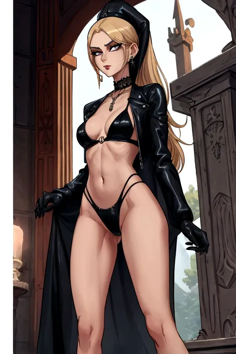 Very tall, slim milf; nun; blonde hairs and incredible long ponytail; strong goth makeup; brown eyes; small firm,pointy breast; sensual midriff; wearing jewelery, necklace, earrings, transparent black bikini top, short leather jacket, visible fancy figa th...